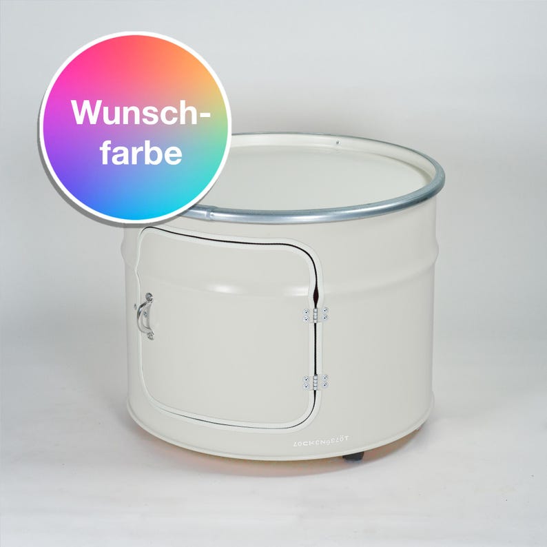 Puede incluir: Un mueble cil&iacute;ndrico de metal en color blanco roto que cuenta con una puerta abatible con tirador y bisagras plateadas. Un gr&aacute;fico circular en la esquina superior izquierda muestra un degradado de arco&iacute;ris con el texto blanco "Wunsch-farbe".