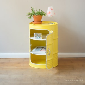 Night stand made from small oil drums from the Port of Hamburg