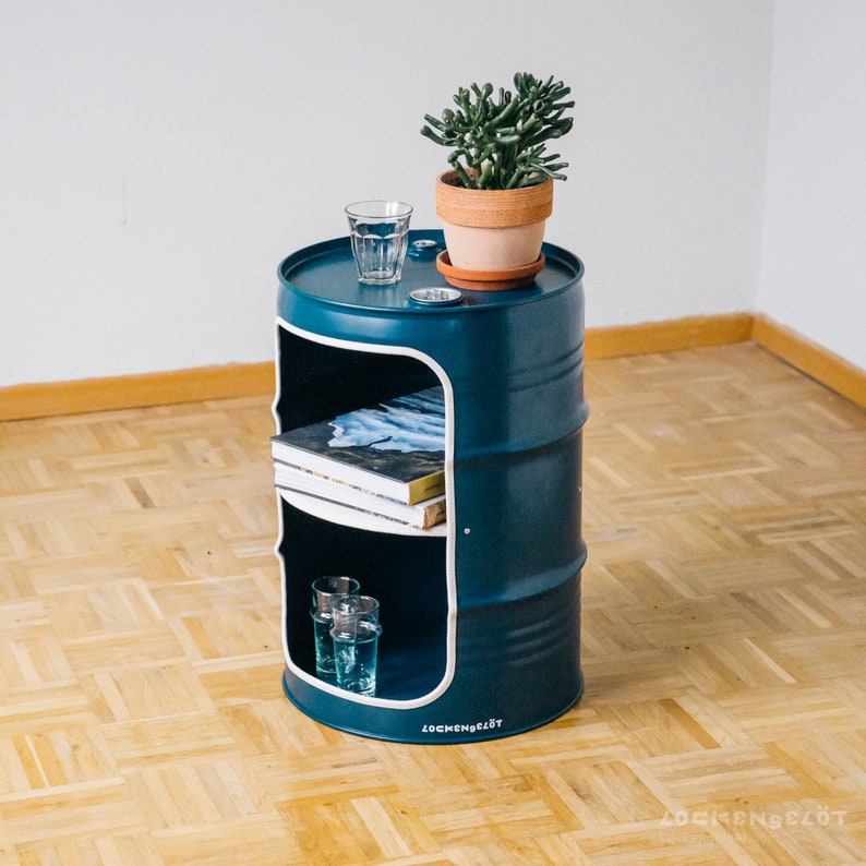 Night stand made from small oil drums Blue