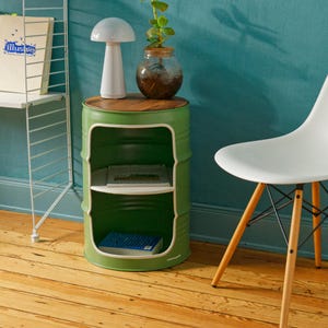 Night stand made from small oil drums - colorful interior pieces