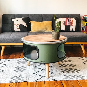 Betty coffee table made of an oil barrel Grünschwarz/GREENBLA