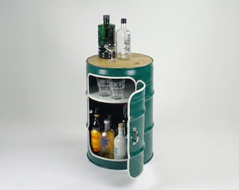 Minibar con puerta de bidón de aceite de Hamburgo | Mueble industrial para salón, loft y bar | Hecho a mano en Hamburgo | Muebles de barril metálico