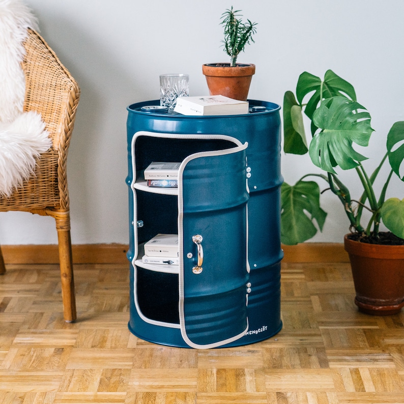 Night stand made from small oil drums Blue