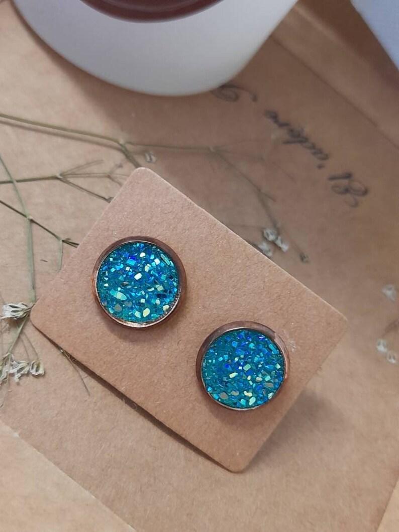 Rose Gold Blue Sparkle Stud earrings set Dublin Ireland Pink Iridescent Turquiose Set of three earrings Druzy