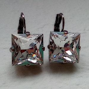 Bright crystal earrings, earrings, 12 x 12 mm, old silver, refined with Swarovski® crystal &#39;crystal&#39;, cushion cut