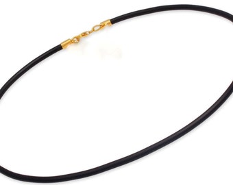 Ø 2mm Schwarze Natur Kautschukkette, Karabiner vergoldet oder versilbert, viele Längen möglich