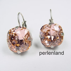 Apricòt - Peach earrings THE SQUARE, Ø 12 mm - antique silver, refined with Swarovski® crystal &#39;apricòt&#39;, cushion cut