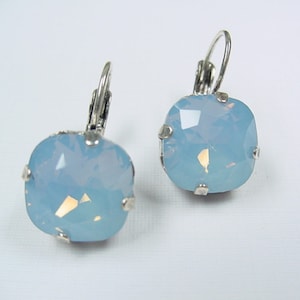 Opal blue earrings, earrings, 12 x 12 mm, old silver, refined with Swarovski® crystal &#39;Air Blue Opal&#39;, cushion cut