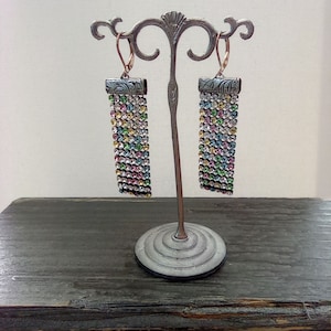 Vintage mesh earrings in pastel multi, clasp closure, antique silver, refined with Swarovski® mesh crystals, art deco jewelry style