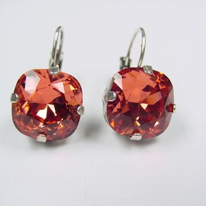 Peach red earrings Ø 12 mm antique silver with Swarovski® crystal &#39;padparadscha&#39;, cushion cut