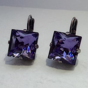 Violet earrings, earrings, 12 x 12 mm, old silver, refined with Swarovski® crystal &#39;purple violet&#39;, cushion cut