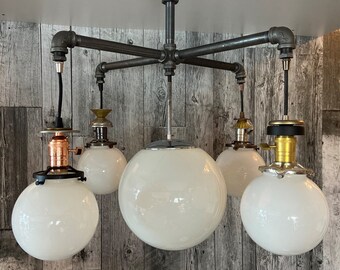 5 Socket Industrial Pipe Light Chandelier with Round Ball Shade