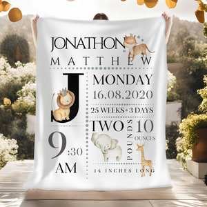 Personalized PREEMIE Safari Animal Baby Stats Velveteen Plush Blanket,  Lion, Giraffe, Tiger and Elephant Blanket, Custom Baby Gift