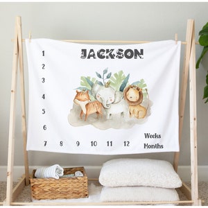 Personalized Milestone Velveteen Safari Baby Boy Milestone Blanket, Personalized Baby Month Blanket, Baby Growth Tracker, Minky Blanket, SAF
