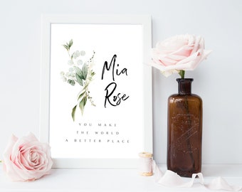 Personalized Name Print, Boho Greenery Girl&#39;s Room Art, Nursery Art, Custom Art Name Print, Digital File