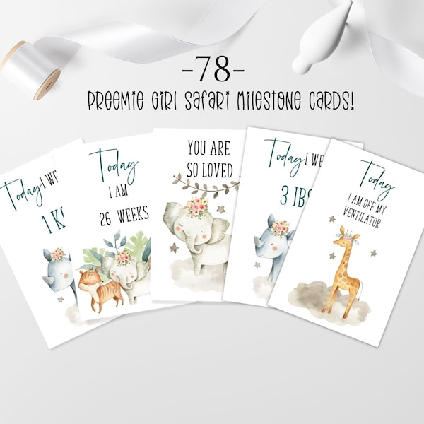 72 Safari Preemie Milestone Cards For GIRL, Gift for Preemie Parents, NICU Photo Prop Cards, Micro Preemie Milestones, Instant Download