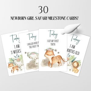 Cartes d'étape sur le thème Safari bébé fille, jalons de la première année, cartes imprimables pour nouveau-né, cartes photo accessoire, téléchargement immédiat SFA