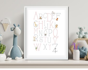 Alphabet Print, Pink and Grey Nursery Wall Art, Baby Animals Alphabet Print, Children's Wall Art, Alphabet Poster, DIGITAL FILE