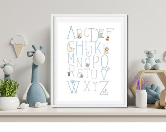 Alphabet Print, Blue and Grey Nursery Wall Art, Baby Animals Alphabet Print, Children's Wall Art, Alphabet Poster , Digital FILE