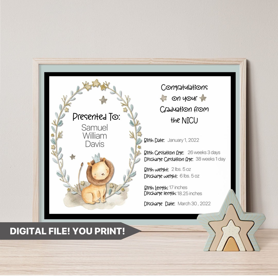 Personalized Safari Lion NICU Graduation Certificate,nicu Milestone ...
