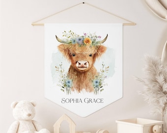 Adorable Custom Name Baby Highland Cow Pennant, Floral Highland Cow Pennant, Personalized Name Wall Banner, Nursery Decor, Custom Flag