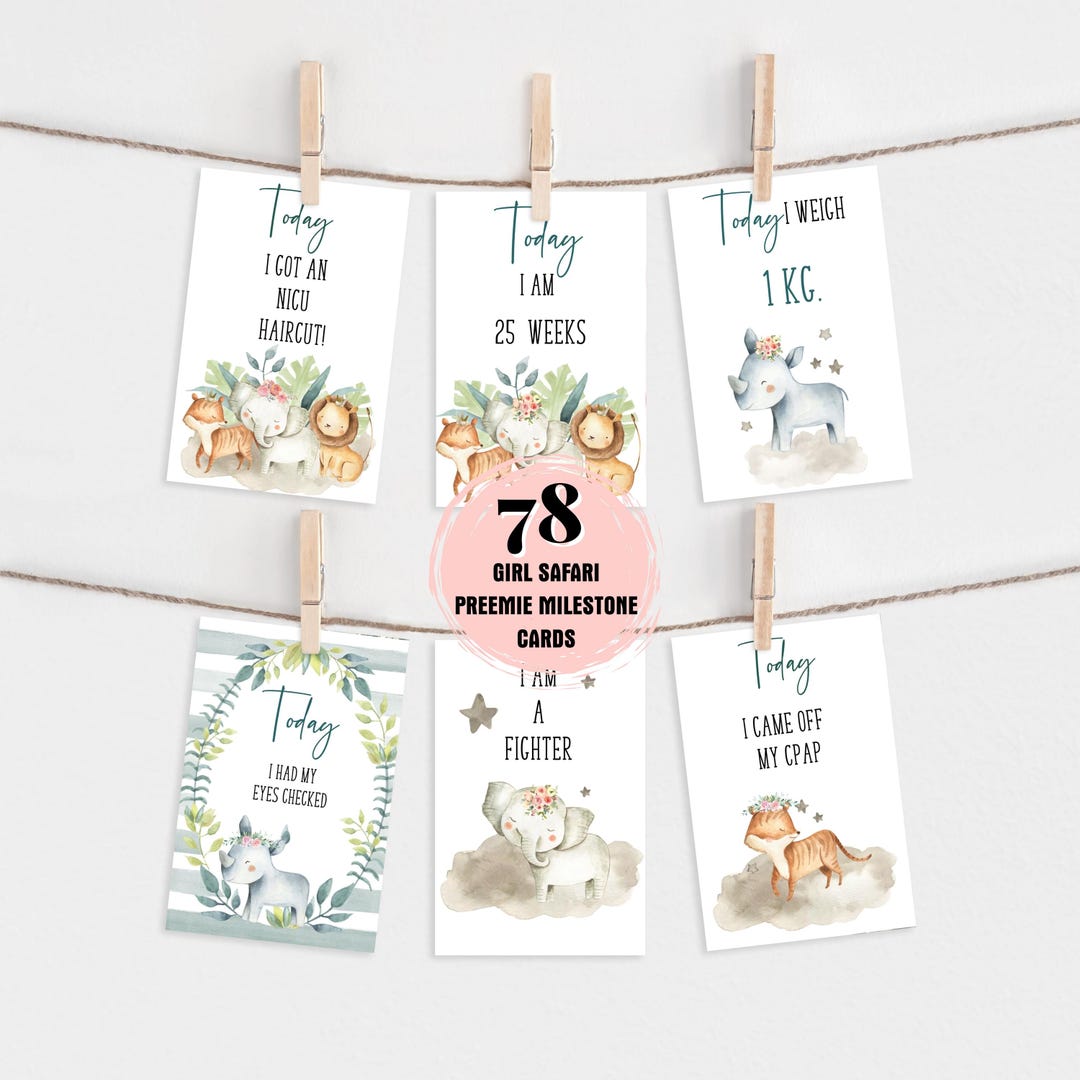 78 GIRL Safari Preemie Milestone Cards For, Gift for Preemie Parents ...