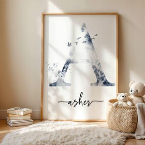 Initiale et nom aquarelle bleu/gris personnalisés, impression monogramme personnalisé, impression chambre d'enfant, cadeau baby shower, fichier numérique