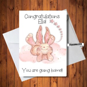 Tarjeta personalizada de conejito que se va a casa, tarjeta de bebé prematuro, bebé o niño que se va a casa, tarjeta de hospitalización, tarjeta de felicitaciones, archivo digital