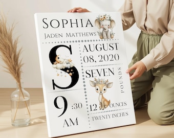 Custom Baby Girl Safari Nursery Canvas Print Wall Art, Personalized Birth Stats print, Baby Subway art, Baby Gift, Birth Info Print