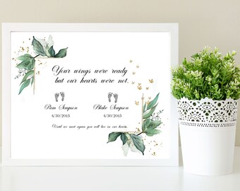 Loss of Twins Print, PERSONALIZED Footprints In Memoriam For Loss of Twins, Boho Greenery Sympathy Gift, DIGITAL FILE Only