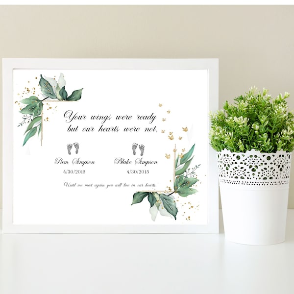Loss of Twins Print, PERSONALIZED Footprints In Memoriam For Loss of Twins, Boho Greenery Sympathy Gift, DIGITAL FILE Only