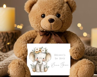 Personalized New Baby Girl Elephant Card, Custom Name Card, Baby Shower Card, New Baby Card, Digital File ONLY