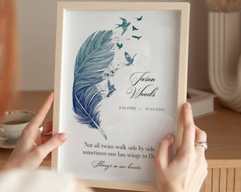 Personalized Loss of Twin Printable, Memorial Keepsake, Feather Art,  Wings Were Ready, Funeral Home Print, Sympathy Gift, DIGITAL FILE