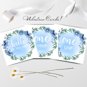 Meilenstein Foto Prop Karten für Neugeborene, blaue Aquarell Foto Requisiten, Baby-Dusche-Geschenk, junge Neugeborene Meilenstein Karten, Instant Download