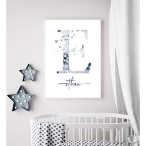 Personalisierter Aquarell-Initial- und Namensdruck, personalisiertes Aquarell-Monogramm, Kinderzimmer-Druck, Baby-Shower-Geschenk, Premium-Poster