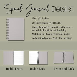 Op de afbeelding: Een lichtgrijs spiraalnotitieboek van 5x7 inch met een glanzend gelamineerde kaft en een metalen spiraalbinding. Het bevat 150 gelinieerde pagina's, oftewel 75 vellen papier van 90g/m&sup2;. De tekst luidt Spiral Journal Details, Size 5x7 inches, 150 lined pages, 75 sheets, Glossy laminated cover, Metal spiral, en 90gsm lined paper.