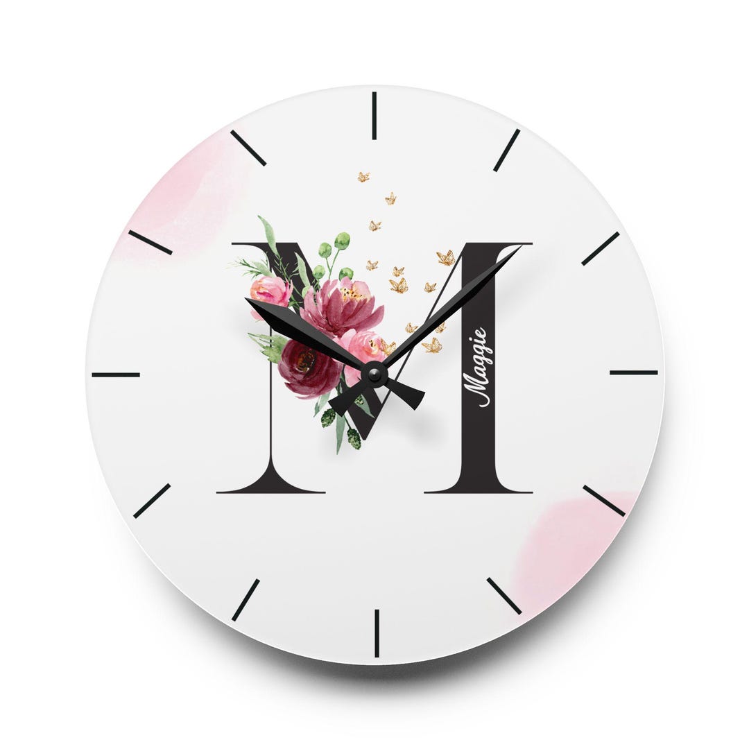 Personalized Pink Floral Monogram Name Clock, Square or Round, Custom ...