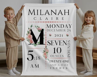 Manta personalizada con estampado floral para bebé, regalo de recuerdo, anuncio de nacimiento.