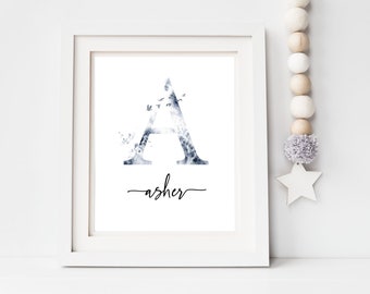Custom Watercolour Initial and Name Print, Personalized Watercolour Monogram Printable,  Nursery Print, Baby Shower Gift,  DIGITAL FILE