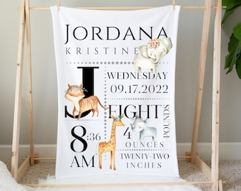 Personalized FLORAL Safari Animal Baby Stats Blanket, Baby Lion, Elephant, Giraffe and Tiger, Popular Baby Theme Blanket, Baby Gift