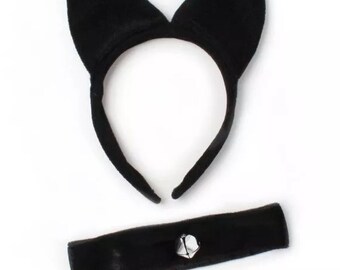 Cat ears costume with bell collar, cat fancy dress, world book day dress up cat, black cat