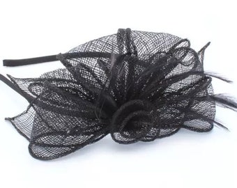 black flower sinamay fascinator, wedding fascinator, black feather fascinator, church hat, bridal fascinator, wedding headpiece, fascinator