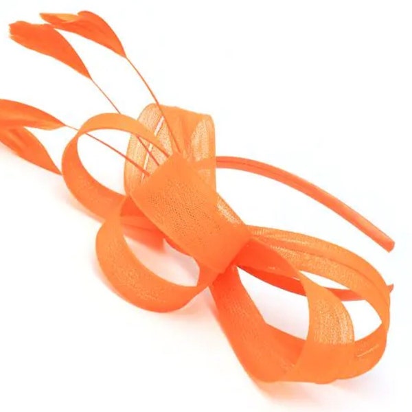 Orange  fascinator on an Alice band  with feathers , wedding, Beach wedding, Kentucky derby, Ascot, Ladies day,