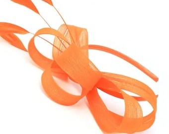 Orange  fascinator on an Alice band  with feathers , wedding, Beach wedding, Kentucky derby, Ascot, Ladies day,