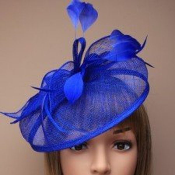 Large Royal Blue looped sinamay hatinator on a narrow aliceband ascot wedding Kentucky derby hat church, bridal ladies dayrace day Cobalt