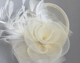 Large Cream feather fascinator wedding fascinator church hats Black ascot hats, Kentucky derby hat  floral fascinator race day hats,