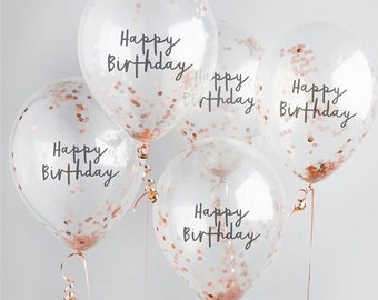 5 Rose Gold Happy Birthday Confetti Balloons, Rose Gold Party Balloons, Birthday Balloons, Birthday Party Balloons