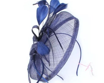 Large Navy looped sinamay hatinator on a narrow satin fabric covered metal Alice band Style Olivia  Diameter approx.: 19cm