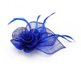 Royal Blue flower fascinator with feathers on a beak clip and brooch pin fitting