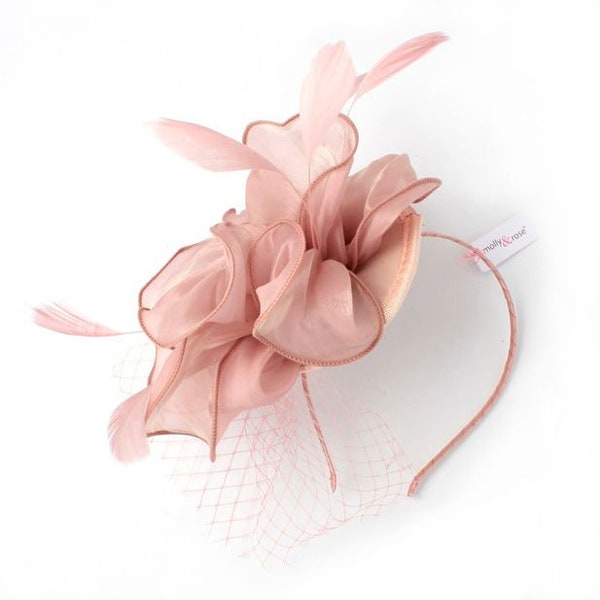 Large Dusky pink net fascinator on Band feather fascinator, cocktail hat derby day hat, church hats, special occasion hat woman’s formal hat